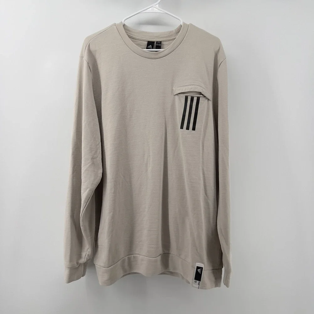 Adidas Men XL Long Sleeve Pullover Beige‎ Crew Neck Pocket Cotton Blend Pocket